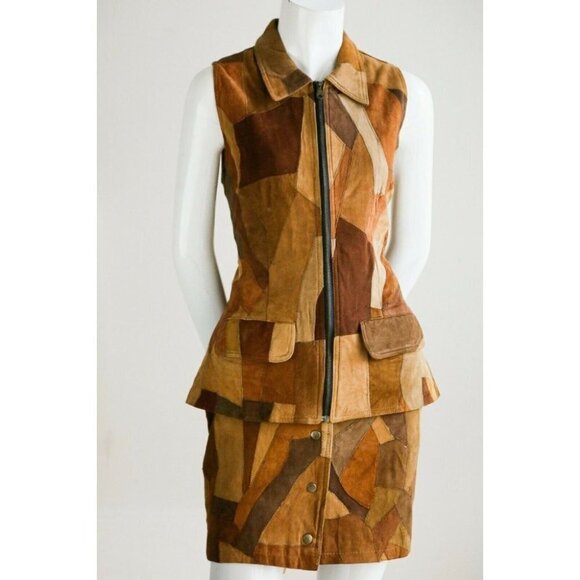 Vintage 90s Buttery Soft Brown Suede Patchwork 2  piece skirt and vest S… - Picture 3 of 12